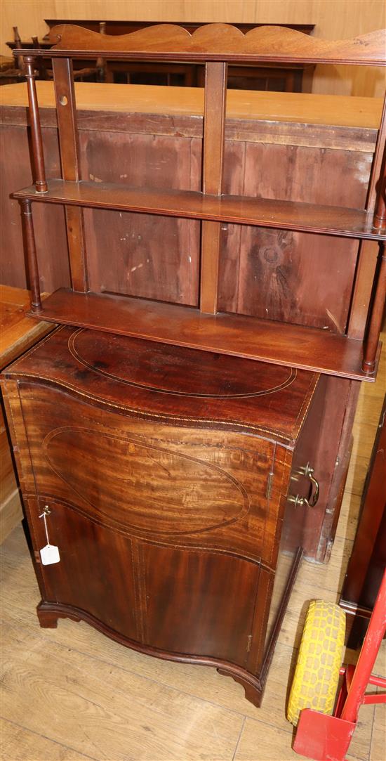 A Sheraton-style inlaid mahogany cupboard and a mahogany bookshelf W.53 and 71cm